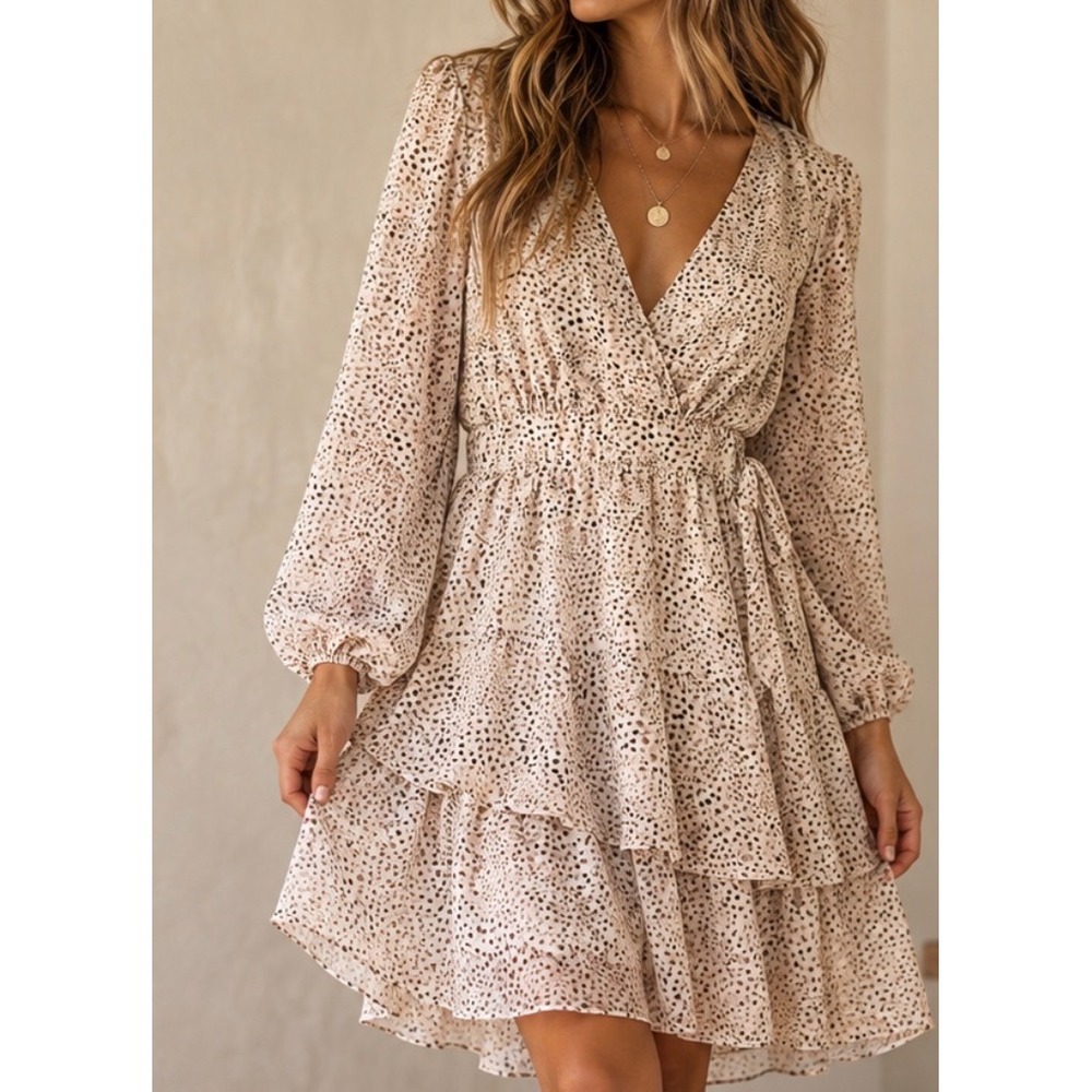 Anthropologie Japna sz L Sheer Printed Puff Sleeve Tiered Belted Dress Occasion